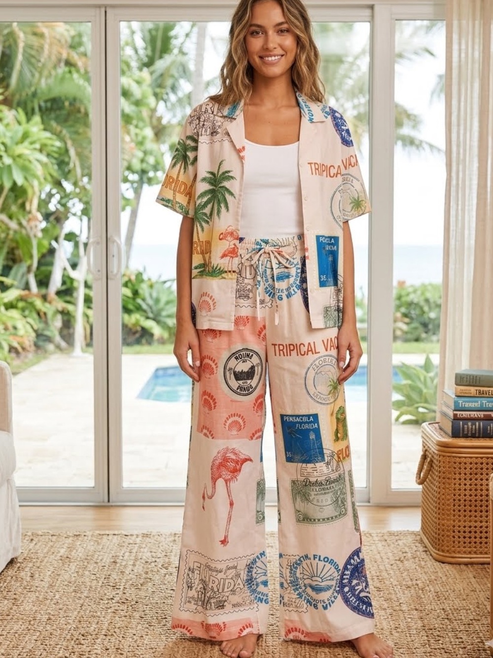 Endless Moon resort wear Florida Tropical Vacation Print Button-Up Set Sz Small